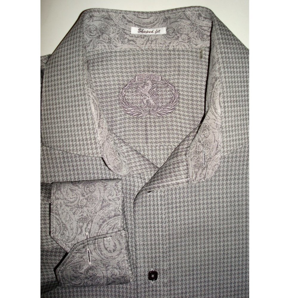 New! BUGATCHI Gray Houndstooth Checked Shirt